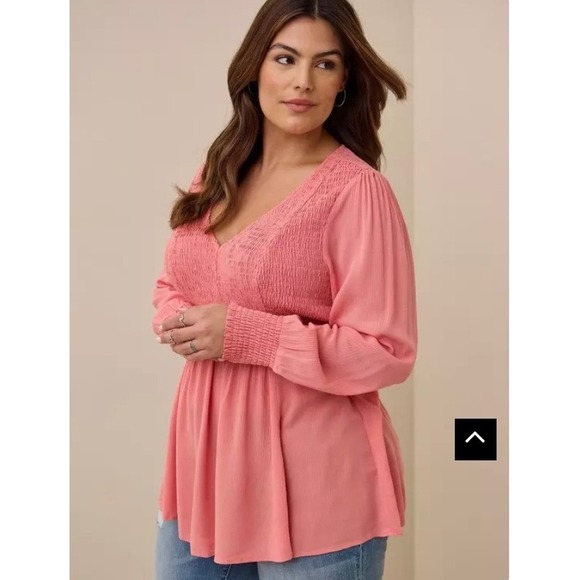 Torrid Pink Long Sleeve Smocked Babydoll Peplum Top Plus Size 3 3X Gauze New - Picture 2 of 11